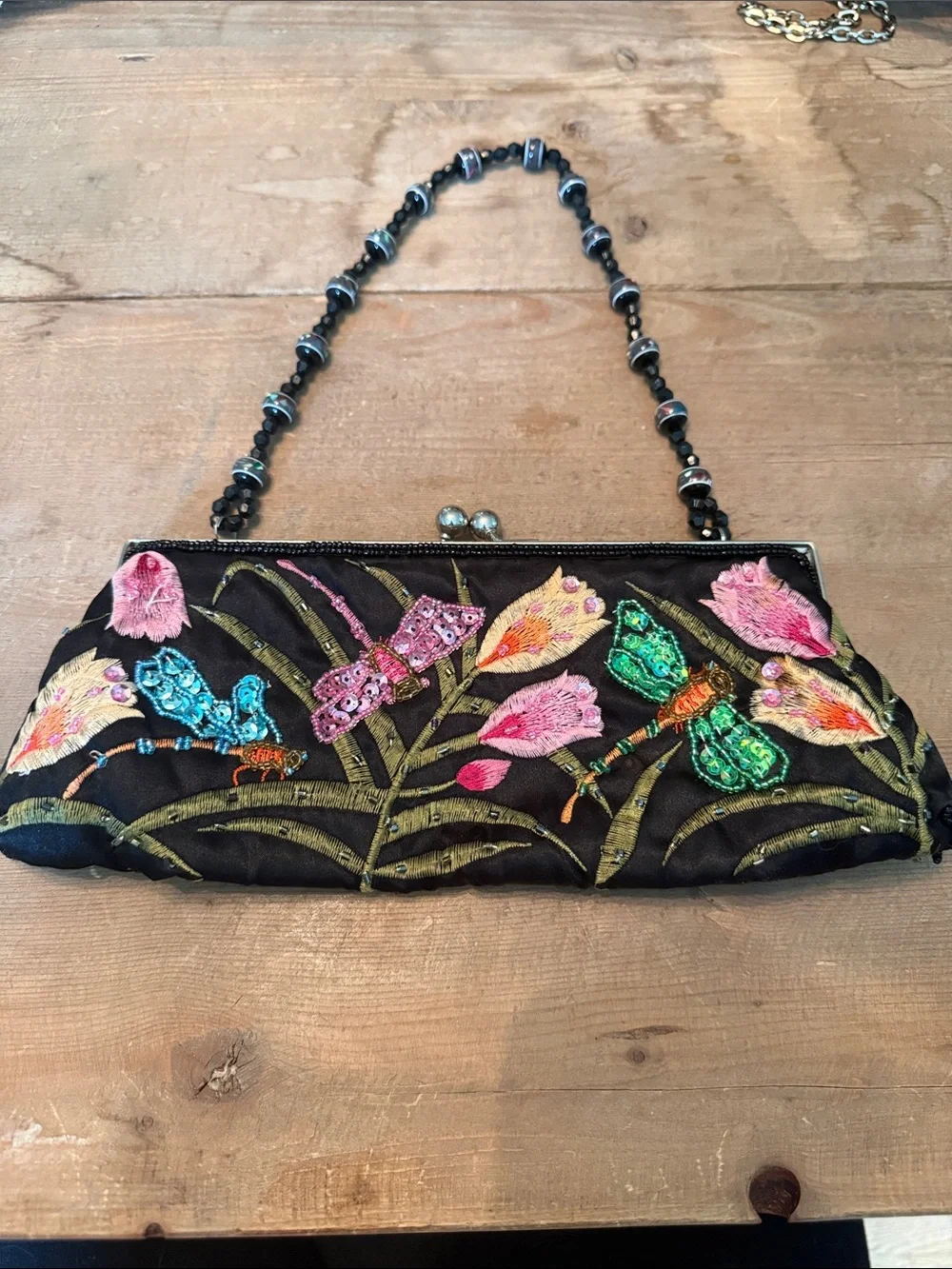 Embroidered Dragonfly Evening Clutch - Black - Picture 1 of 9
